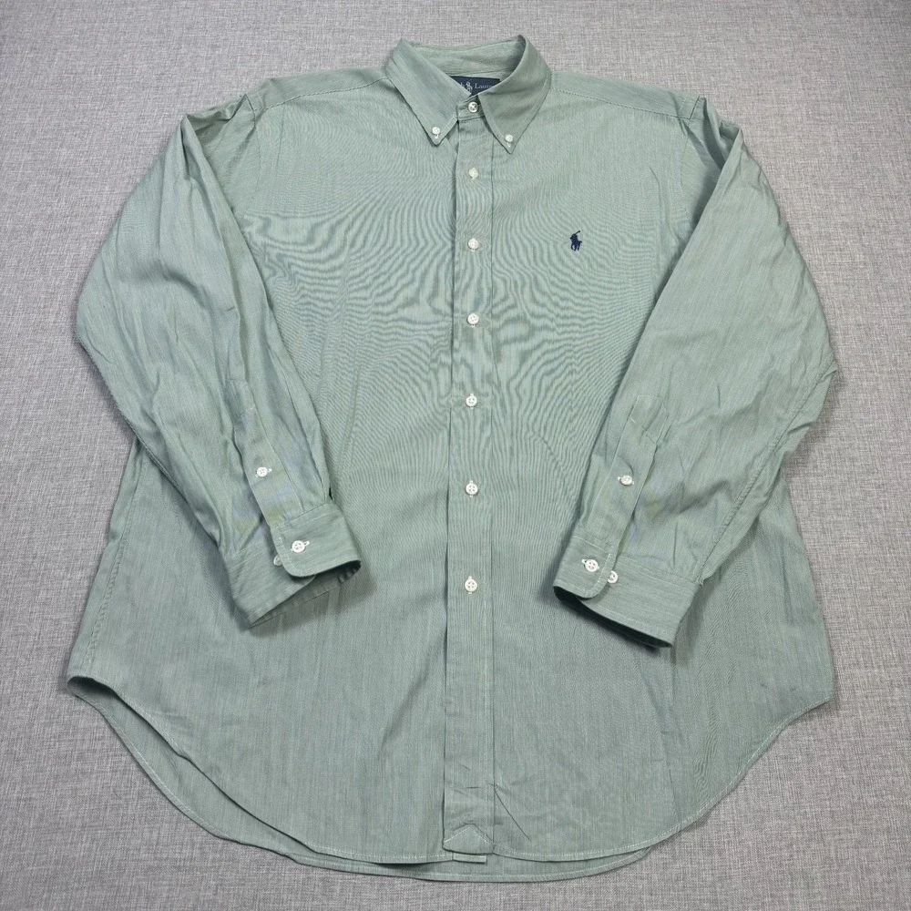 Ralph Lauren Button-Down Dress Shirt Mens 16.5 32/33 Green Striped Classic Fit